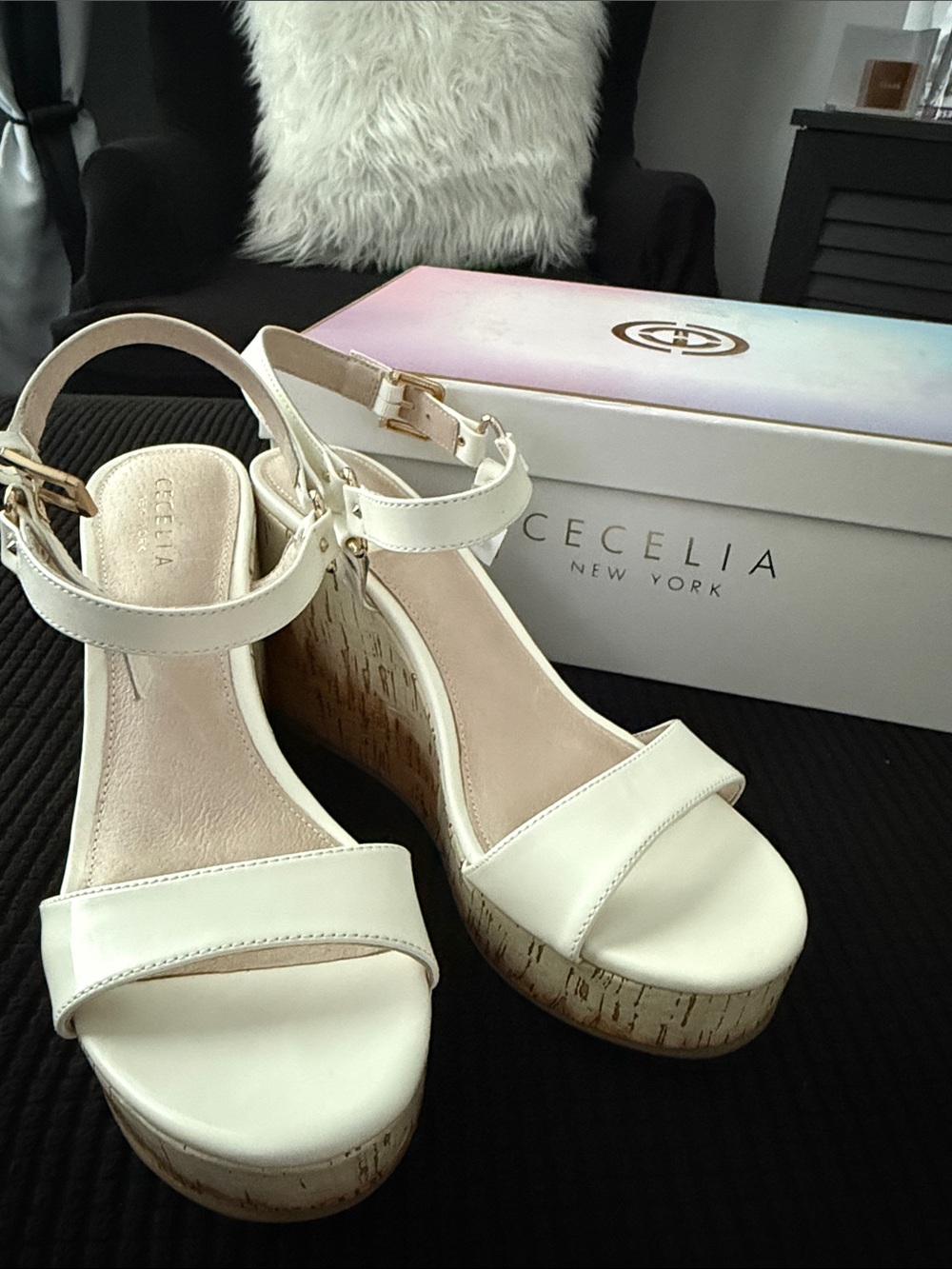 CECILIA NEW YORK LIBBY - Cream Leather Cork Platform Wedges